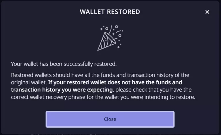 Daedalus Cardano native wallet restoring confirmation